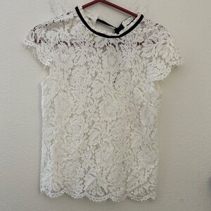White House Black Market White Lace Blouse with Black Trim